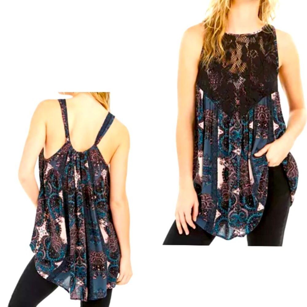 .Free People top Count Me In Trapeze babydoll dress top lace trim black blue S - Picture 12 of 12